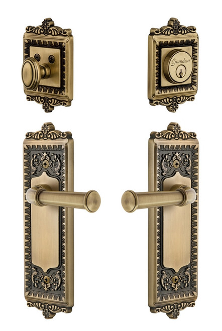 Grandeur Hardware - Windsor Plate with Georgetown Lever and matching Deadbolt in Vintage Brass - WINGEO - 835417