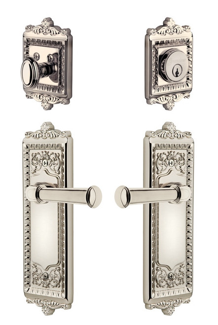 Grandeur Hardware - Windsor Plate with Georgetown Lever and matching Deadbolt in Polished Nickel - WINGEO - 835418