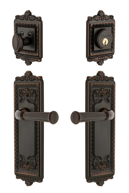 Grandeur Hardware - Windsor Plate with Georgetown Lever and matching Deadbolt in Timeless Bronze - WINGEO - 835432