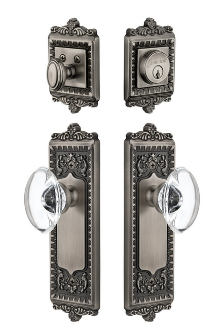 Grandeur Hardware - Windsor Plate with Provence Crystal Knob and matching Deadbolt in Antique Pewter - WINPRO - 801894