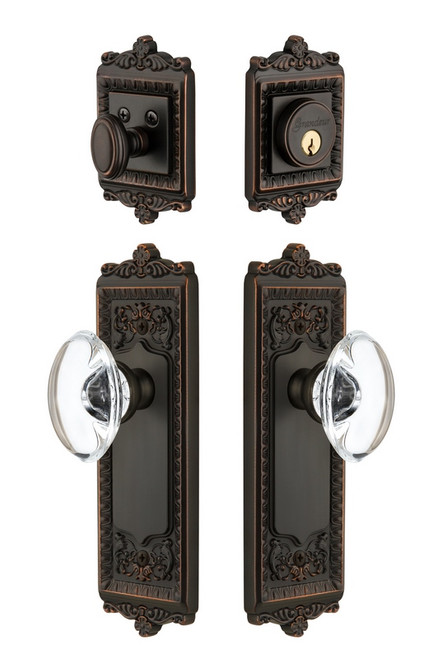 Grandeur Hardware - Windsor Plate with Provence Crystal Knob and matching Deadbolt in Timeless Bronze - WINPRO - 801876