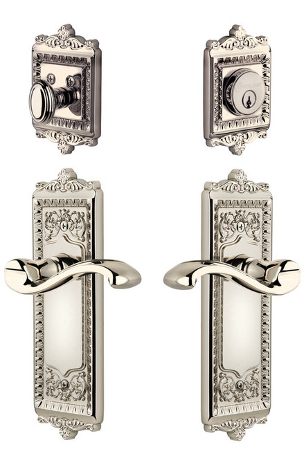 Grandeur Hardware - Windsor Plate with Portfino Lever and matching Deadbolt in Polished Nickel - WINPRT - 802327
