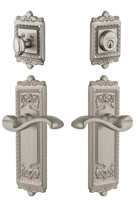 Grandeur Hardware - Windsor Plate with Portfino Lever and matching Deadbolt in Satin Nickel - WINPRT - 818916