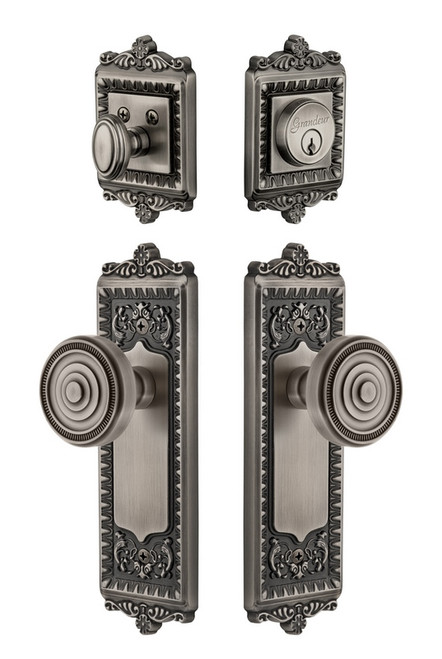 Grandeur Hardware - Windsor Plate with Soleil Knob and matching Deadbolt in Antique Pewter - WINSOL - 835658