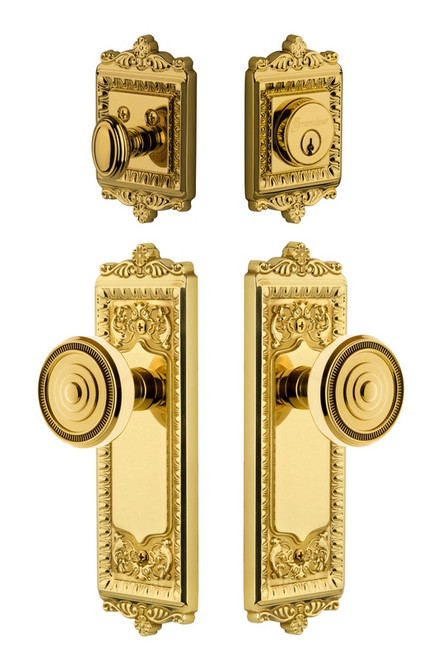 Grandeur Hardware - Windsor Plate with Soleil Knob and matching Deadbolt in Lifetime Brass - WINSOL - 835685