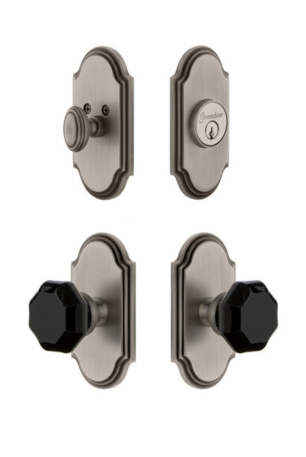 Grandeur Hardware - Arc Plate with Lyon Knob and matching Deadbolt in Antique Pewter - ARCLYO - 851095