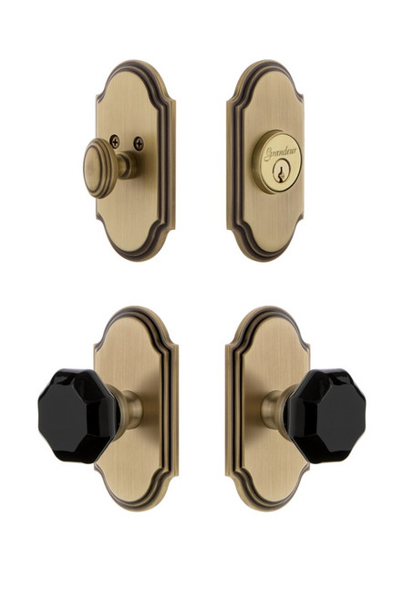 Grandeur Hardware - Arc Plate with Lyon Knob and matching Deadbolt in Vintage Brass - ARCLYO - 851105