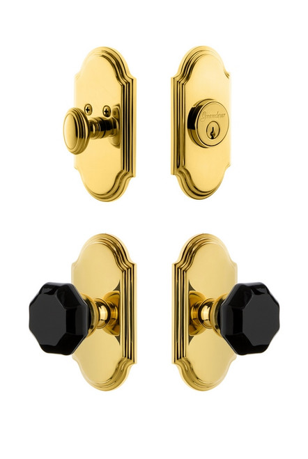 Grandeur Hardware - Arc Plate with Lyon Knob and matching Deadbolt in Lifetime Brass - ARCLYO - 851107