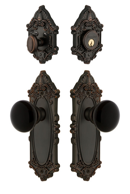 Grandeur Hardware - Grande Victorian Plate with Coventry Knob and matching Deadbolt in Timeless Bronze - GVCCOV - 853416