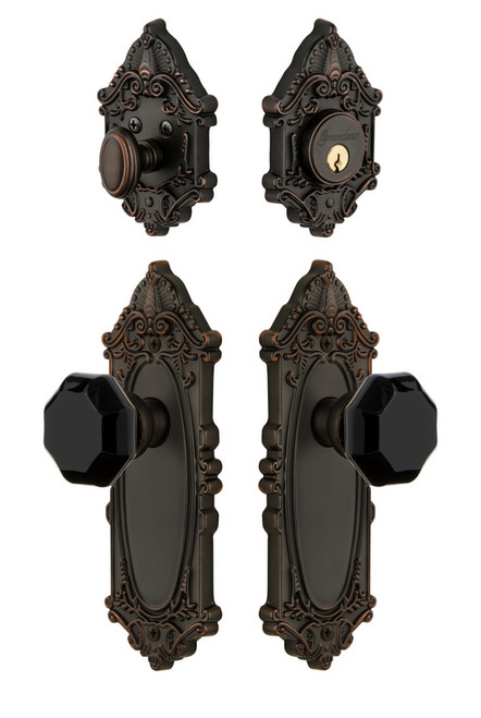 Grandeur Hardware - Grande Victorian Plate with Lyon Knob and matching Deadbolt in Timeless Bronze - GVCLYO - 851283