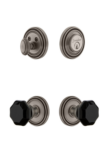 Grandeur Hardware - Soleil Rosette with Lyon Knob and matching Deadbolt in Antique Pewter - SOLLYO - 851383