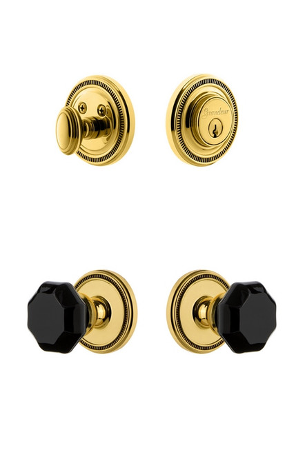 Grandeur Hardware - Soleil Rosette with Lyon Knob and matching Deadbolt in Lifetime Brass - SOLLYO - 851385