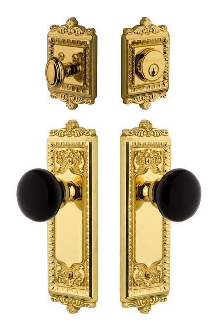 Grandeur Hardware - Windsor Plate with Coventry Knob and matching Deadbolt in Lifetime Brass - WINCOV - 853554