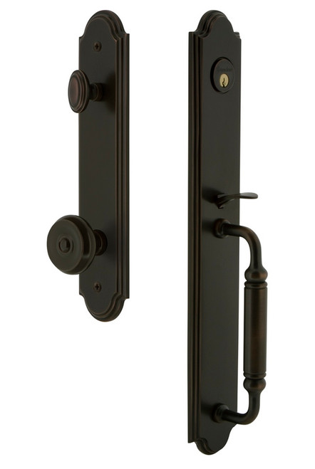 Grandeur Hardware - Arc One-Piece Handleset with C Grip and Bouton Knob in Timeless Bronze - ARCCGRBOU - 841875