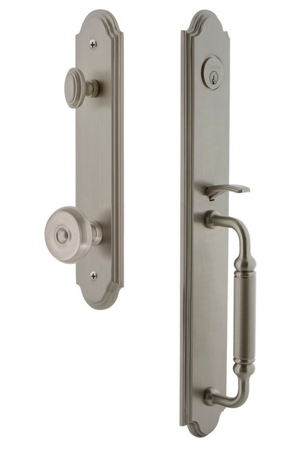 Grandeur Hardware - Arc One-Piece Handleset with C Grip and Bouton Knob in Satin Nickel - ARCCGRBOU - 841872