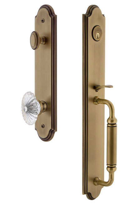 Grandeur Hardware - Arc One-Piece Dummy Handleset with C Grip and Burgundy Knob in Vintage Brass - ARCCGRBUR - 848490