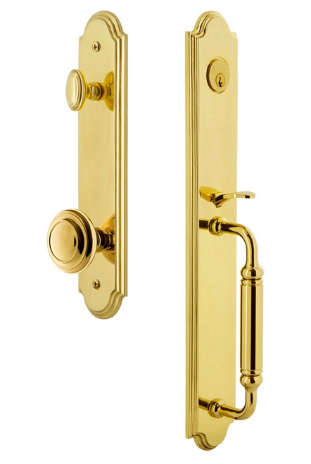 Grandeur Hardware - Arc One-Piece Handleset with C Grip and Circulaire Knob in Lifetime Brass - ARCCGRCIR - 841927