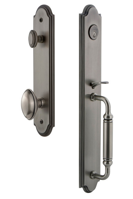 Grandeur Hardware - Arc One-Piece Handleset with C Grip and Eden Prairie Knob in Antique Pewter - ARCCGREDN - 841942