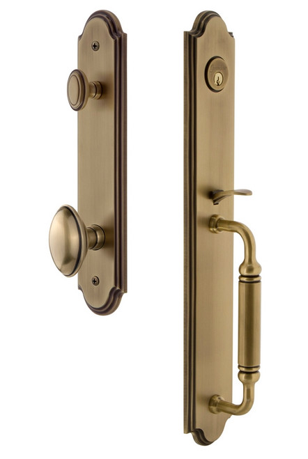 Grandeur Hardware - Arc One-Piece Handleset with C Grip and Eden Prairie Knob in Vintage Brass - ARCCGREDN - 841960