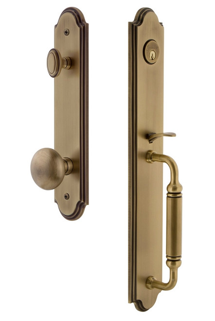 Grandeur Hardware - Arc One-Piece Handleset with C Grip and Fifth Avenue Knob in Vintage Brass - ARCCGRFAV - 841977