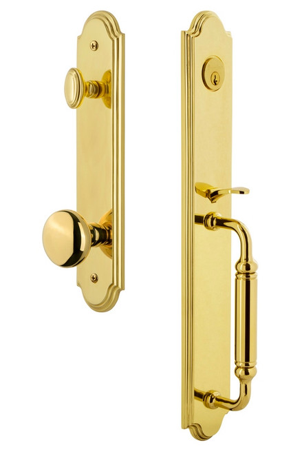 Grandeur Hardware - Arc One-Piece Handleset with C Grip and Fifth Avenue Knob in Lifetime Brass - ARCCGRFAV - 841966