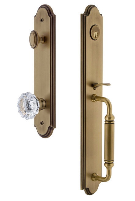 Grandeur Hardware - Arc One-Piece Handleset with C Grip and Fontainebleau Knob in Vintage Brass - ARCCGRFON - 841999