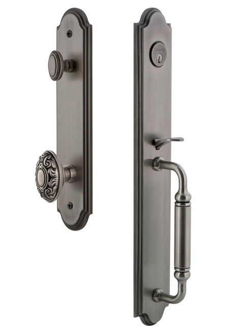 Grandeur Hardware - Arc One-Piece Handleset with C Grip and Grande Victorian Knob in Antique Pewter - ARCCGRGVC - 842002