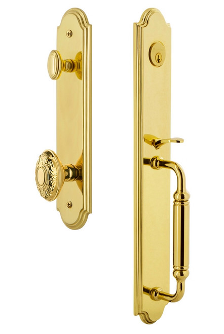 Grandeur Hardware - Arc One-Piece Handleset with C Grip and Grande Victorian Knob in Lifetime Brass - ARCCGRGVC - 842006