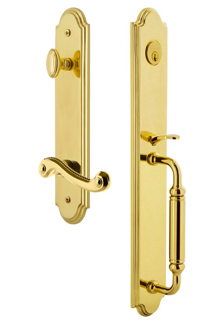 Grandeur Hardware - Arc One-Piece Handleset with C Grip and Newport Lever in Lifetime Brass - ARCCGRNEW - 842948
