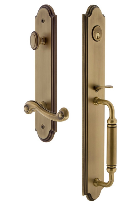 Grandeur Hardware - Arc One-Piece Handleset with C Grip and Newport Lever in Vintage Brass - ARCCGRNEW - 842972