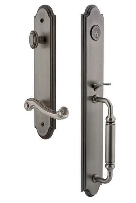 Grandeur Hardware - Arc One-Piece Handleset with C Grip and Newport Lever in Antique Pewter - ARCCGRNEW - 842941