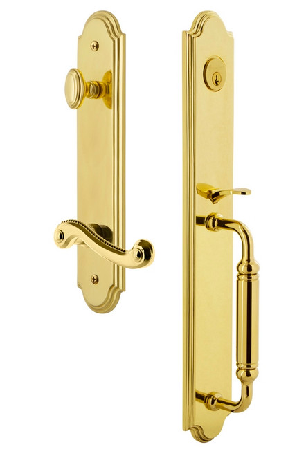 Grandeur Hardware - Arc One-Piece Dummy Handleset with C Grip and Newport Lever in Lifetime Brass - ARCCGRNEW - 849780