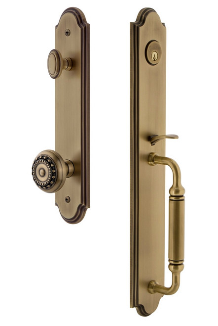 Grandeur Hardware - Arc One-Piece Handleset with C Grip and Parthenon Knob in Vintage Brass - ARCCGRPAR - 842058