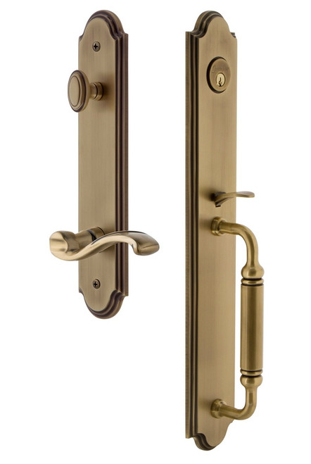 Grandeur Hardware - Arc One-Piece Handleset with C Grip and Portofino Lever in Vintage Brass - ARCCGRPRT - 843009
