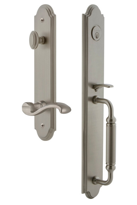 Grandeur Hardware - Arc One-Piece Handleset with C Grip and Portofino Lever in Satin Nickel - ARCCGRPRT - 842997