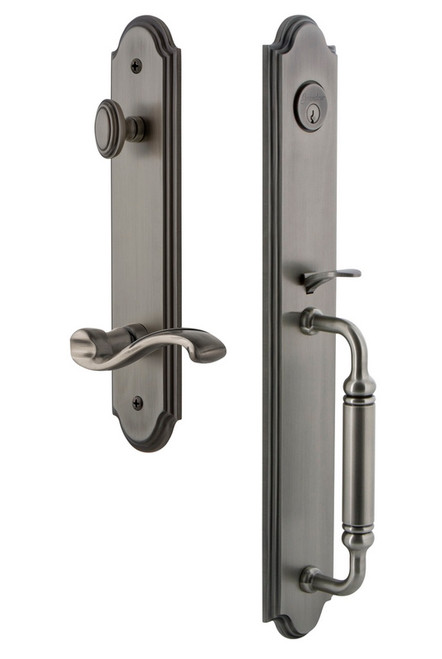 Grandeur Hardware - Arc One-Piece Handleset with C Grip and Portofino Lever in Antique Pewter - ARCCGRPRT - 842978