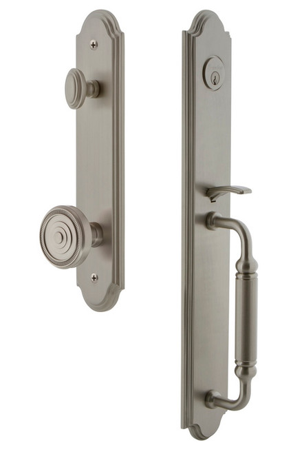 Grandeur Hardware - Arc One-Piece Handleset with C Grip and Soleil Knob in Satin Nickel - ARCCGRSOL - 842089