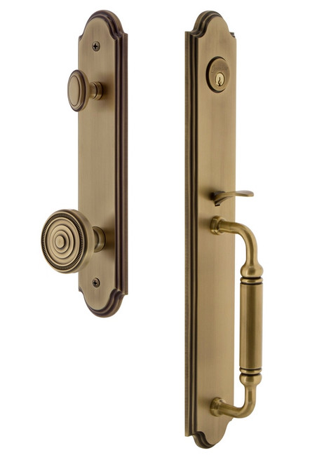 Grandeur Hardware - Arc One-Piece Handleset with C Grip and Soleil Knob in Vintage Brass - ARCCGRSOL - 842098