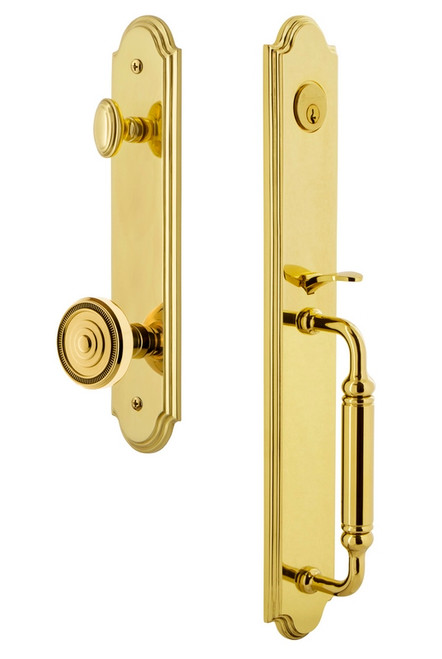 Grandeur Hardware - Arc One-Piece Handleset with C Grip and Soleil Knob in Lifetime Brass - ARCCGRSOL - 842087