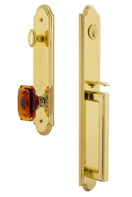 Grandeur Hardware - Arc One-Piece Dummy Handleset with D Grip and Baguette Amber Knob in Lifetime Brass - ARCDGRBCA - 848352