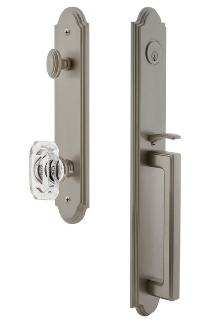 Grandeur Hardware - Arc One-Piece Handleset with D Grip and Baguette Clear Crystal Knob in Satin Nickel - ARCDGRBCC - 843498