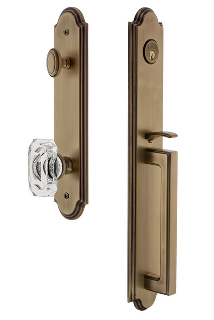 Grandeur Hardware - Arc One-Piece Handleset with D Grip and Baguette Clear Crystal Knob in Vintage Brass - ARCDGRBCC - 843522