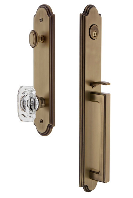 Grandeur Hardware - Arc One-Piece Handleset with D Grip and Baguette Clear Crystal Knob in Vintage Brass - ARCDGRBCC - 843523