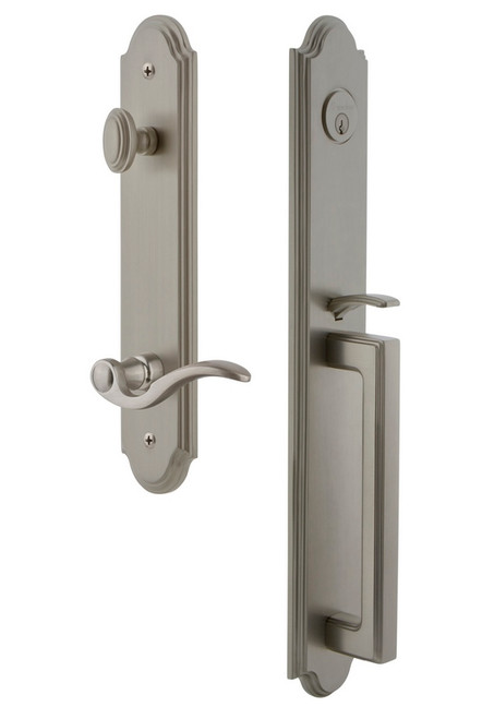 Grandeur Hardware - Arc One-Piece Handleset with D Grip and Bellagio Lever in Satin Nickel - ARCDGRBEL - 846727