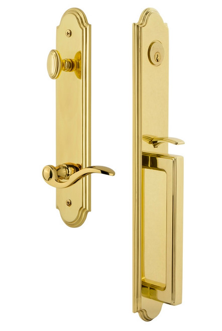 Grandeur Hardware - Arc One-Piece Handleset with D Grip and Bellagio Lever in Lifetime Brass - ARCDGRBEL - 846702
