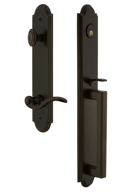 Grandeur Hardware - Arc One-Piece Handleset with D Grip and Bellagio Lever in Timeless Bronze - ARCDGRBEL - 846749