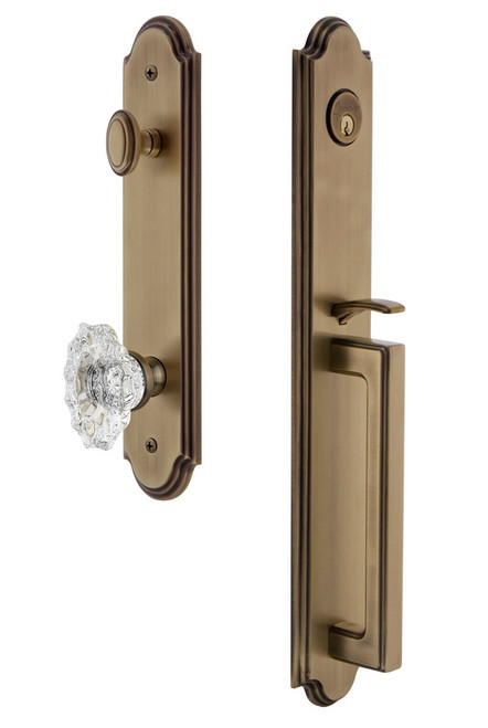 Grandeur Hardware - Arc One-Piece Handleset with D Grip and Biarritz Knob in Vintage Brass - ARCDGRBIA - 843582