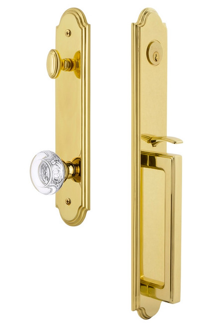 Grandeur Hardware - Arc One-Piece Handleset with D Grip and Bordeaux Knob in Lifetime Brass - ARCDGRBOR - 843608