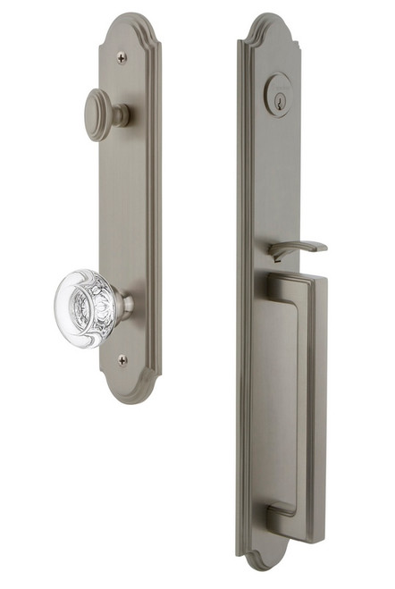 Grandeur Hardware - Arc One-Piece Handleset with D Grip and Bordeaux Knob in Satin Nickel - ARCDGRBOR - 843620