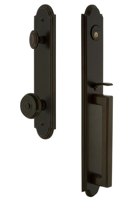 Grandeur Hardware - Arc One-Piece Handleset with D Grip and Bouton Knob in Timeless Bronze - ARCDGRBOU - 843690